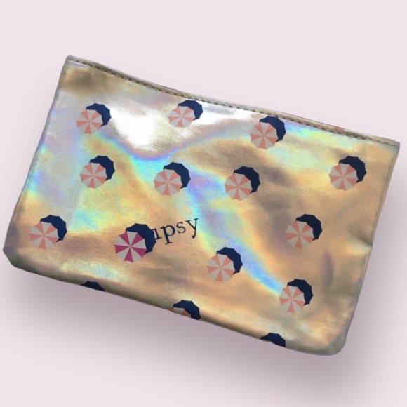 ipsy Handbags - Ipsy Makeup Bag Silver Pink Umbrella Iridescent Pouch Zipper Carrier Travel